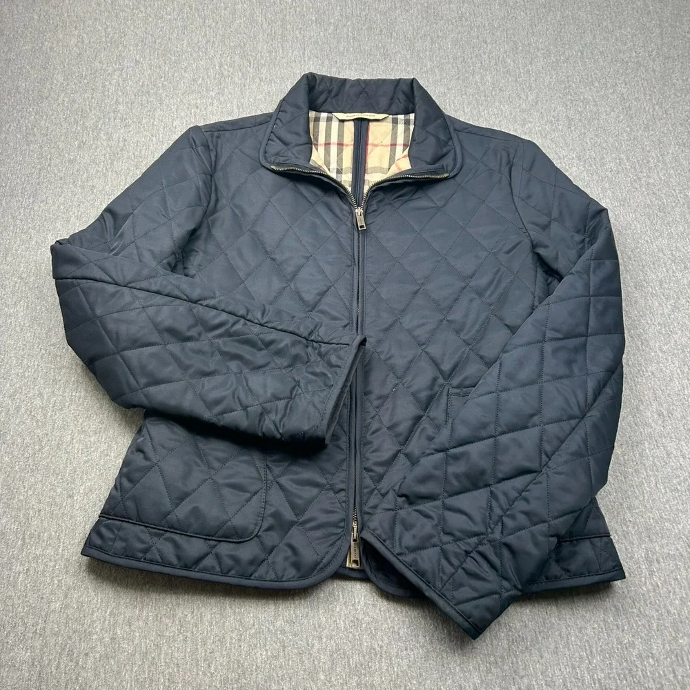 Burberry London Full Zip Quilted Jacket Womens Small Blue Plaid Lined - Picture 2 of 16